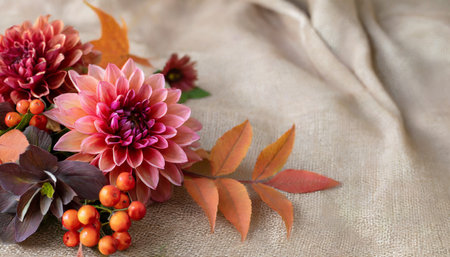 Autumn bouquet of dahlias and rowan berries on sackcloth backgroundの素材