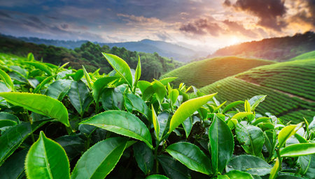 Tea Plantation at Sunrise, Chiang Rai Province, Thailand.の素材