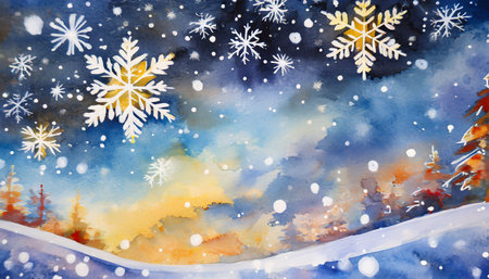 Winter background with snowflakes and fir trees. Watercolor illustration.の素材