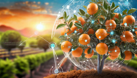 Conceptual image with mandarins growing on a tree. 3d renderingの素材
