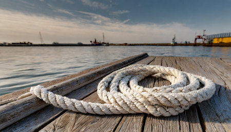 White rope on a wooden pier in the port of Odessa, Ukraineの素材