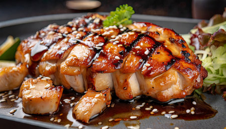 grilled teriyaki chicken with sesame seeds on black plateの素材