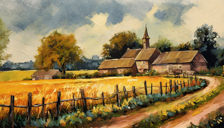 Watercolor painting of rural landscape with old wooden church and vineyardの素材