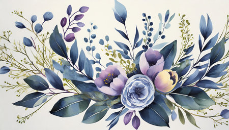 Watercolor floral bouquet with blue leaves and purple flowers on white backgroundの素材