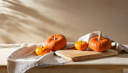 Pumpkins on a wooden table with a linen napkin.の素材