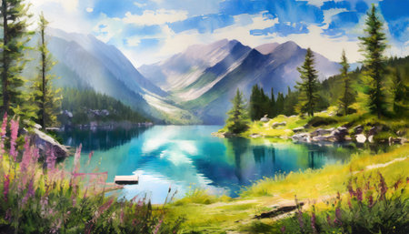 Digital painting of alpine lake in the mountains. Summer landscape.の素材