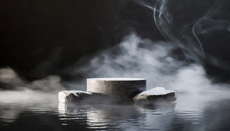 Abstract scene with empty podium and smoke on dark background. Mock up, 3D Renderingの素材