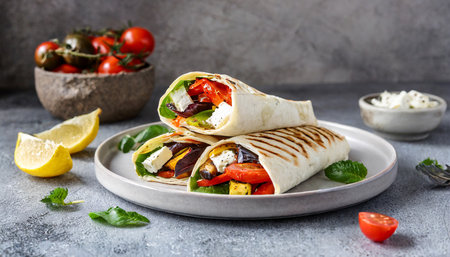 Vegetarian tortilla wraps with grilled vegetables and feta cheeseの素材