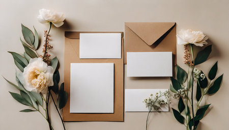 Flowers composition. Blank greeting cards, envelope, flowers on beige background. Flat lay, top view, copy spaceの素材