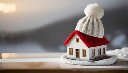 Small toy house with knitted hat on window background. Christmas conceptの素材