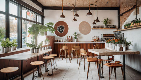 Interior of a modern cafe with tables and chairs, interior designの素材