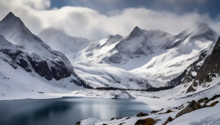 Mountain landscape with lake and snow on the background of cloudy skyの素材