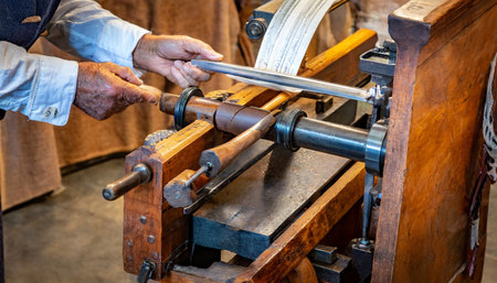 Close-up of the hands of a craftsman working on a spinning machineの素材