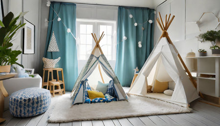 Interior of child room with wigwam in scandinavian styleの素材