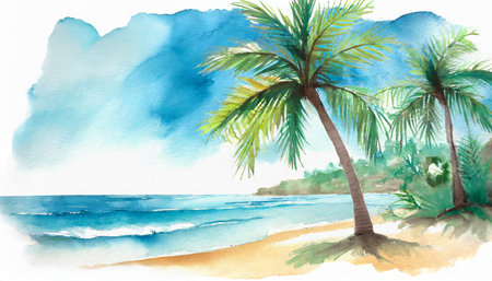 Tropical beach with palm trees. Hand drawn watercolor illustrationの素材