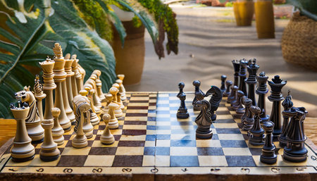 Chess on the chessboard in the garden. Selective focus.の素材