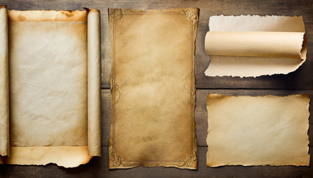 Old papers on wooden background. Copy space for your text or image.の素材