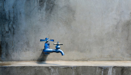 Water tap on concrete wall background, Water faucet with copy space.の素材