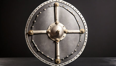 Close-up of the mechanism of a medieval shield on a black backgroundの素材