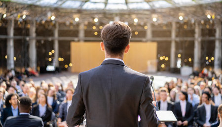 Rear view of a man giving a speech at a business conferenceの素材