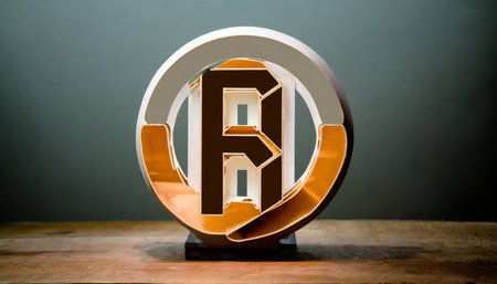 Symbol of a cryptocurrency in a metal stand on a wooden tableの素材