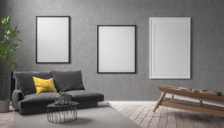 Interior of living room with two vertical posters on the wall, 3d renderの素材