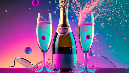 Champagne bottle and two glasses with splashes of champagne on colorful backgroundの素材