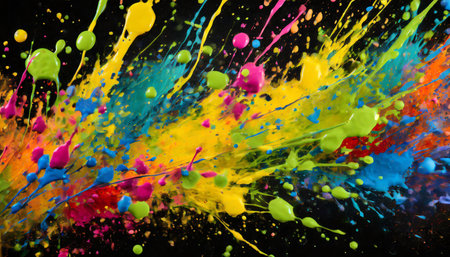 Colorful paint splashes on black background. Abstract colorful background.の素材