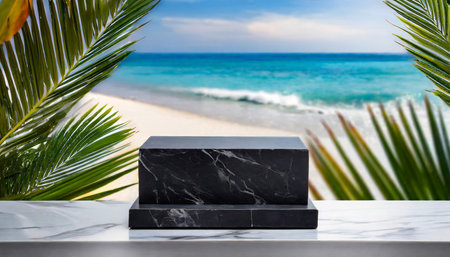 Black marble podium on white marble table and blur tropical beach background for product displayの素材