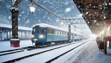 Train on the platform of the railway station under the snowfall.の素材