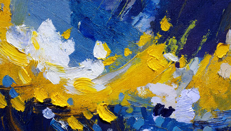abstract oil painting on canvas with yellow, blue and white colorsの素材