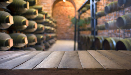 Empty wooden table and blurred background of wine barrels in winery cellarの素材