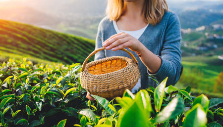 Woman hand picking fresh tea leaves at tea plantation in morning light.の素材