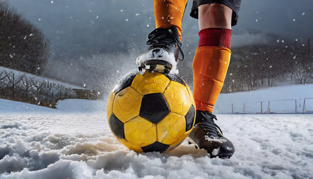 Close up of a soccer player with a ball in the snow.の素材