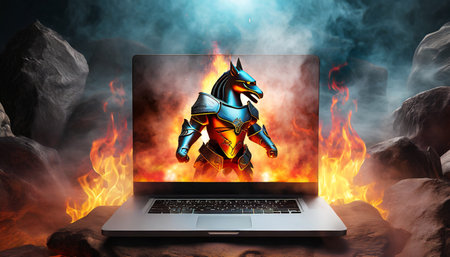 Laptop with knight helmet on a background of fire. 3d rendering.の素材