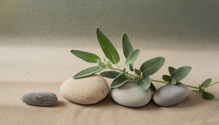 Sage plant with zen stones on sand background, stock photoの素材