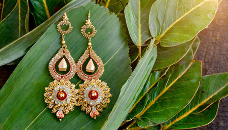 Indian Traditional Gold Jewellery Earrings on green leaf background. Traditional Indian Jewellery.の素材