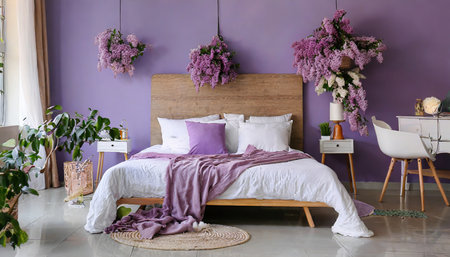 Interior of a cozy bedroom with a large bed and a bouquet of lilacsの素材