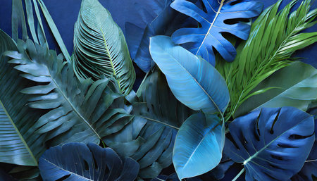 Tropical leaves background, top view, flat lay. Monstera leaves on blue backgroundの素材