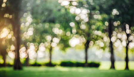 Blurred image of green park with bokeh light background.の素材