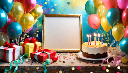 birthday cake with candles, gift boxes and balloons on wooden tableの素材
