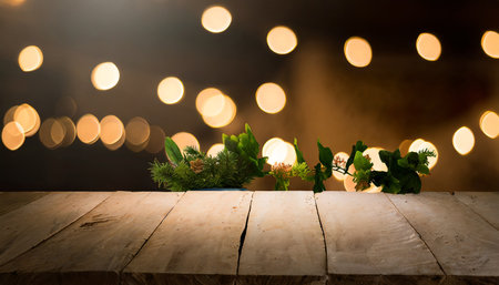 Wooden table with christmas decoration over bokeh lights backgroundの素材