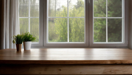 Empty wooden table with window and plant in vase on it.の素材