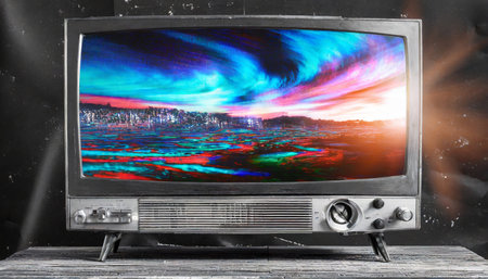 Retro television with a view of the night city in the backgroundの素材