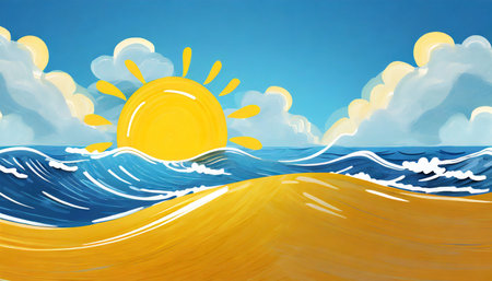 Seascape with sun, clouds and waves. Vector illustration.の素材