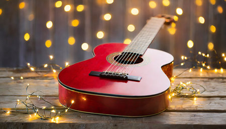 Guitar on a wooden background with a garland of lightsの素材