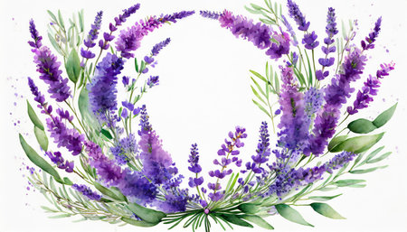 Watercolor lavender wreath. Hand painted lavender flowers isolated on white backgroundの素材