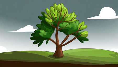 Illustration of a green tree on a hilltop under a cloudy skyの素材