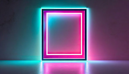 Neon square frame in empty room with blue and pink neon lightの素材