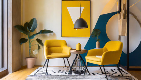 Yellow armchairs in living room with blue and yellow wall and plantsの素材